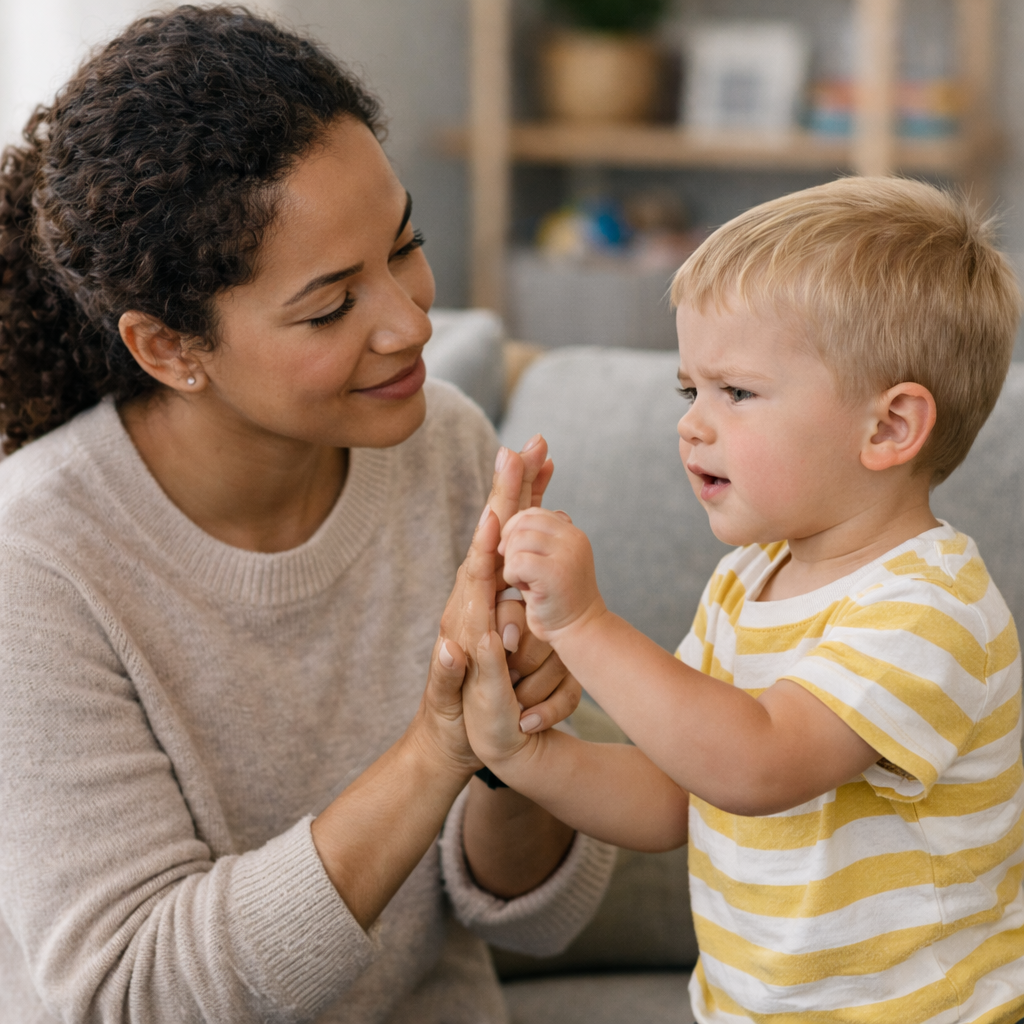 A child attempting to hit a parent while the parent gently blocks the action